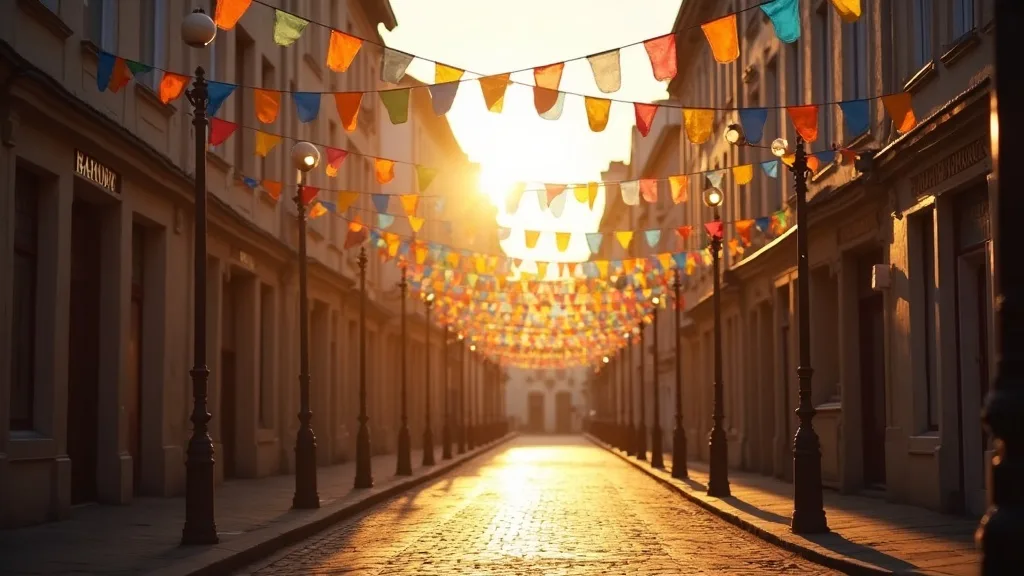 Banderoles arc-en-ciel au-dessus d une rue pavee a Amiens