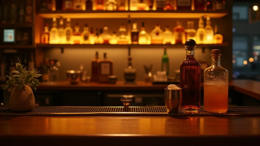 Comptoir de bar cocktail en laiton et bouteilles ambrees a Amiens