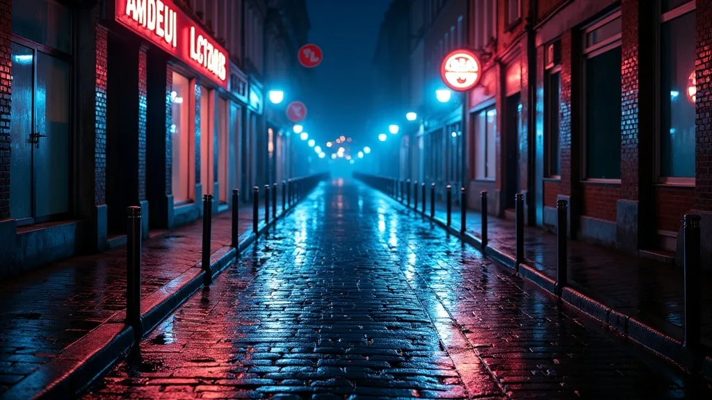 Ruelle pavee mouillee reflets neon a minuit a Amiens