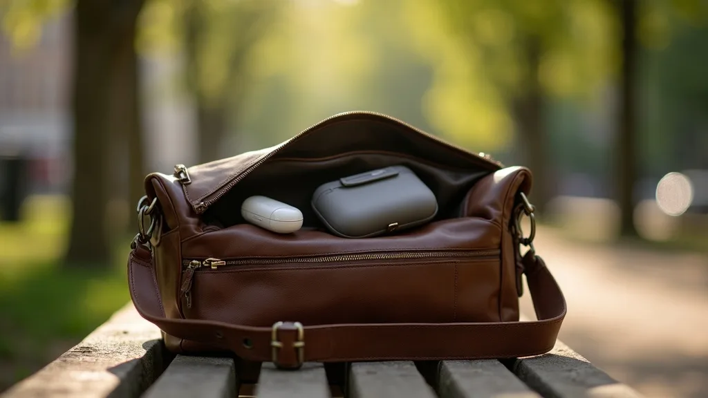 sac en cuir ouvert sur un banc avec telephone a Amiens