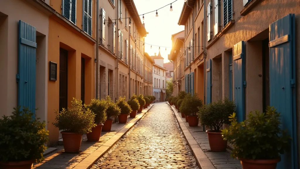 Ruelle pavee au coucher du soleil avec guirlandes a Amiens